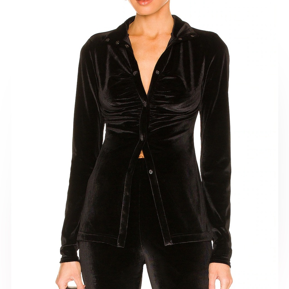 L'Academie Black Velvet Ruched Button-Up Top